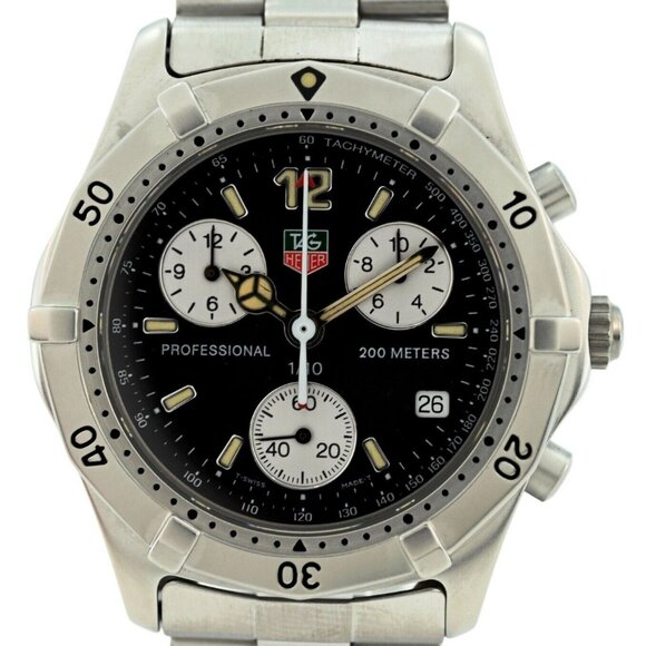 Vintage Men's 39mm Tag Heuer Black Professional 2000 Chronograph Watch CK1110!